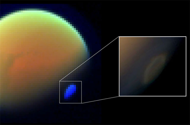 На южном полюсе Титана обнаружилось гигантское спиралевидное облако из цианида водорода (иллюстрация NASA/JPL-Caltech/ASI/University of Arizona/SSI/Leiden Observatory). 