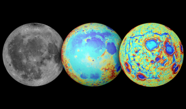 Слева направо: Луна в видимом свете, топография, гравитационные градиенты (фото NASA/Colorado School of Mines/MIT/JPL/Goddard Space Flight Center). 