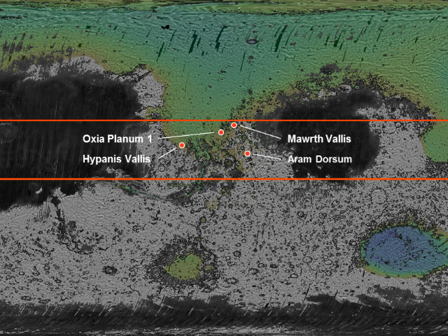Четыре варианта мест для посадки марсохода "ЭкзоМарс". На карте Марса отмечены слишком высокие для посадки области (серые), места с большим количеством пыли (чёрные) и районы пригодные для посадки (зелёные) (иллюстрация ESA/Roscosmos/LSSWG).