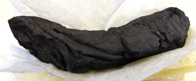 Один из свитков, покрытый густым слоем пепла (фото Bibliothèque de l'Institut de France). 