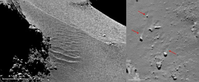 Снимки показали наличие песчаных дюн, сформированных потоками газа (фото ESA/Rosetta/MPS for OSIRIS Team MPS/UPD/LAM/IAA/SSO/INTA/UPM/DASP/IDA). 