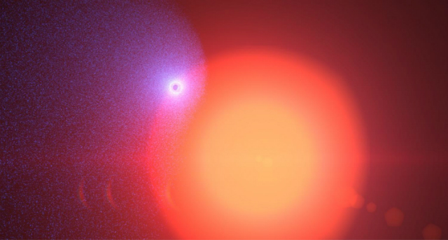 Экзопланета GJ 436b располагается очень близко к своей родительской звезде и совершает полный оборот вокруг неё всего за 2,64 земных дня (иллюстрация D.Ehrenreich/V. Bourrier (Université de Genève)/A. Gracia Berná (Universität Bern)).