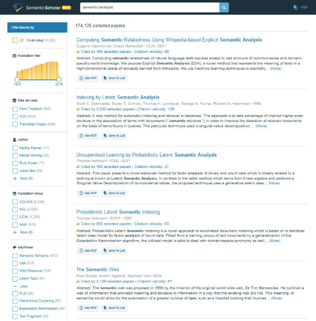 Пример результатов выдачи по ключевой фразе semantic analysis (иллюстрация Вести.Наука/сайт semanticscholar.org).