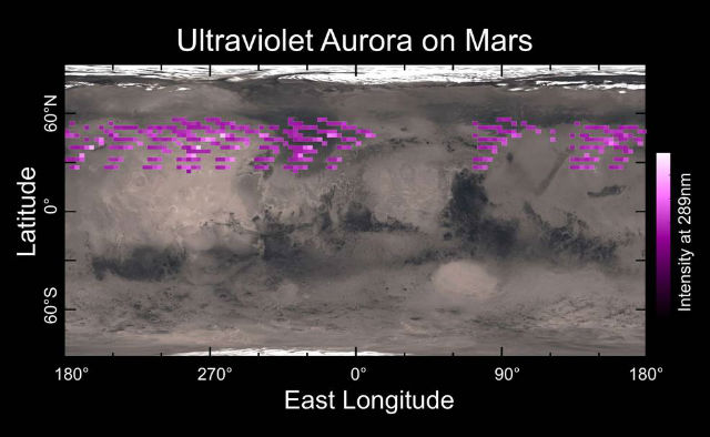 Карта аврор, построенная по данным зонда MAVEN, собранным в декабре 2014 года. Как видно, сияния не привязаны к какой-то одной локации, хотя располагаются в основном в северном полушарии Красной планеты (иллюстрация University of Colorado).