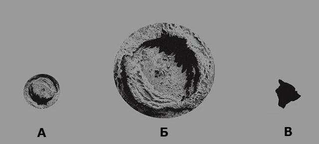 Сравнение размеров кратера Чиксулуб (А), кратера, предположительно образовавшегося 3,2 миллиарда лет назад в районе Южной Африки (Б) и самого большого острова Гавайского архипелага (В) (иллюстрация Geochemistry, Geophysics and Geosystem).