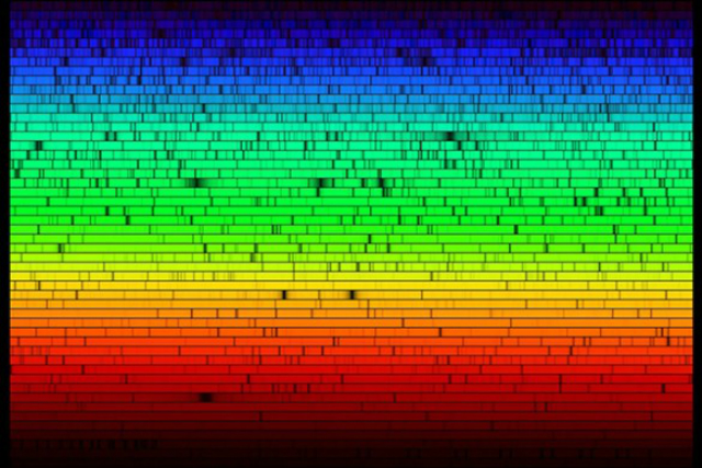 Спектр нашего Солнца. Тёмные полосы соответствуют определённым элементам во внешним слоях светила. По ширине затемнений можно определить содержание того или иного элемента 