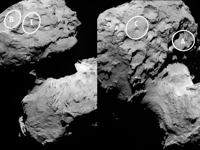 Четыре из пяти потенциальных мест высадки (фото ESA/Rosetta/MPS for OSIRIS Team MPS/UPD/LAM/IAA/SSO/INTA/UPM).